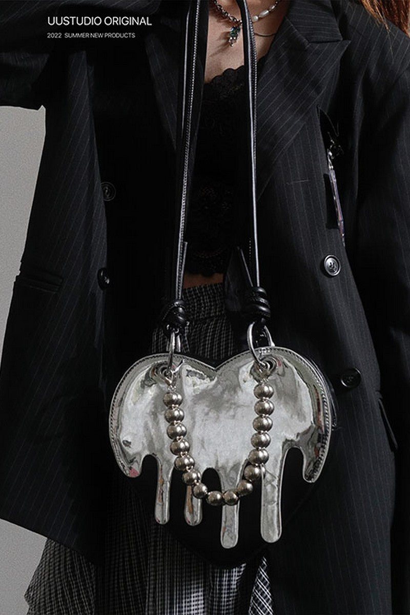 Metallic Heart Crossbody Bag - Liquid Chrome Mini Purse with Dangle Details