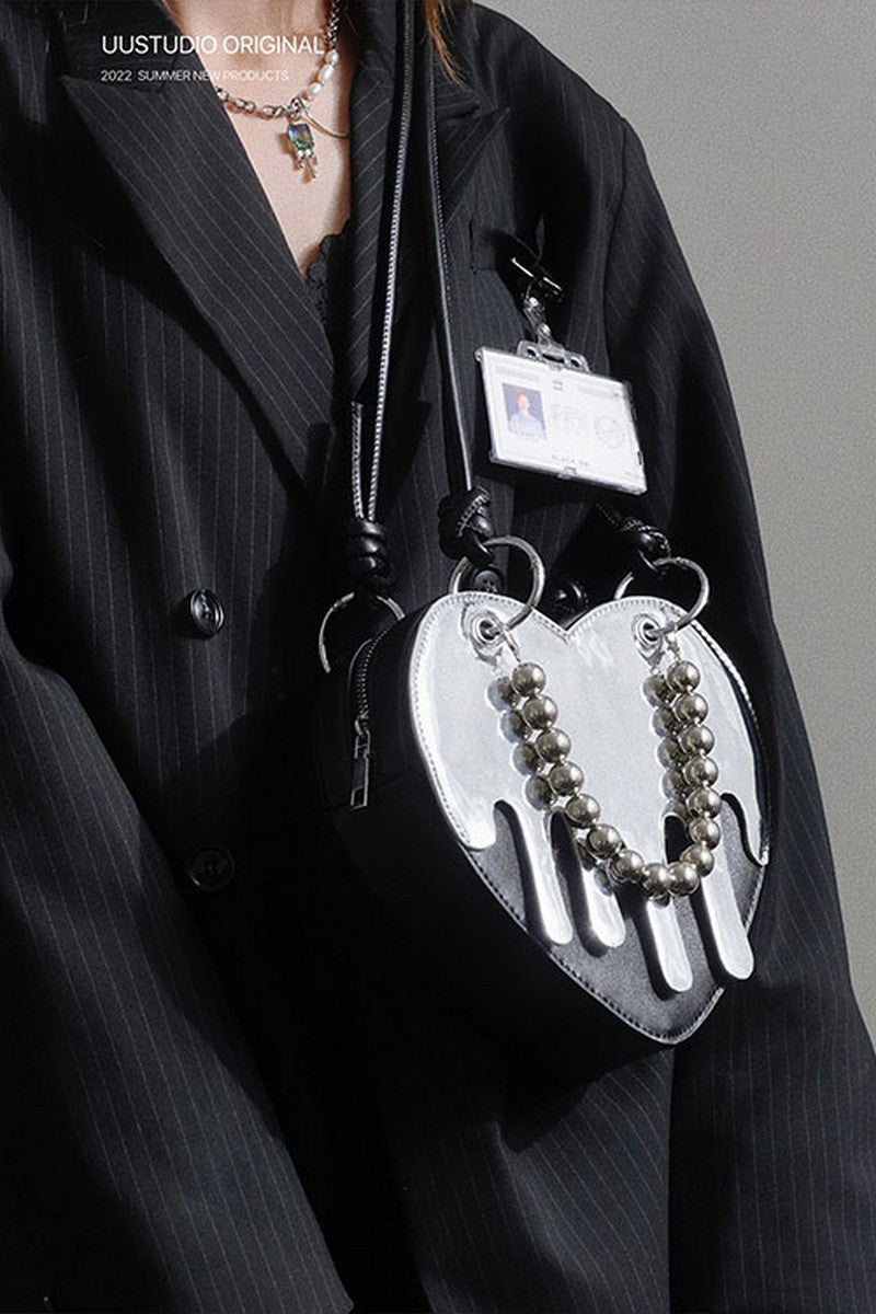 Metallic Heart Crossbody Bag - Liquid Chrome Mini Purse with Dangle Details
