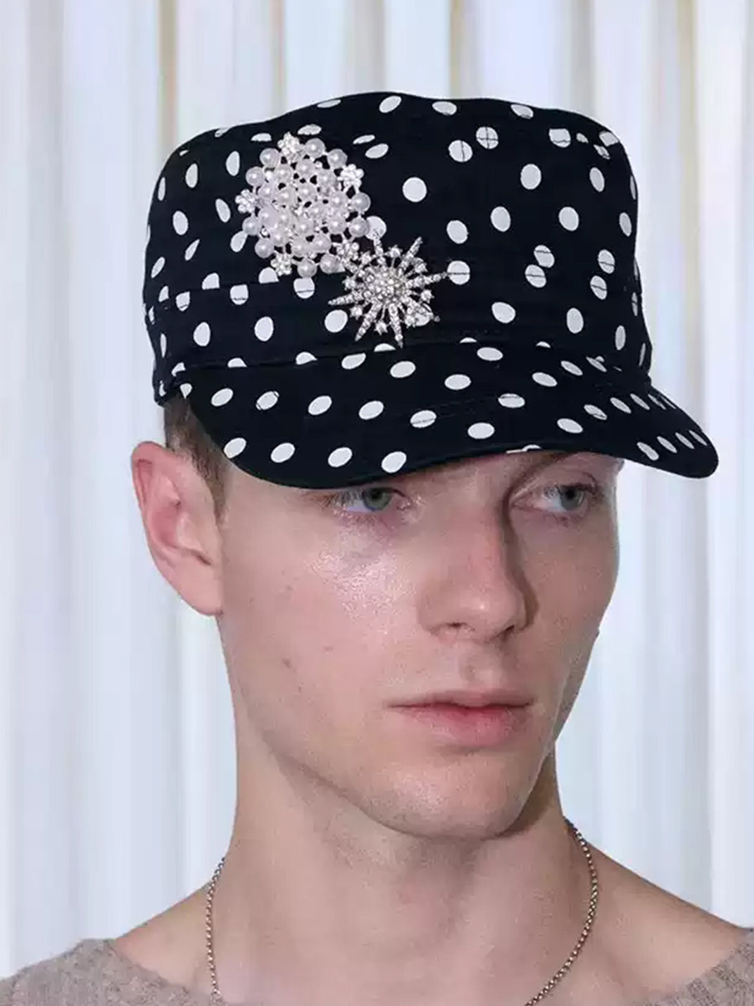 Polka-Dot Embroidered Vintage Flat-Top Cap - View 2