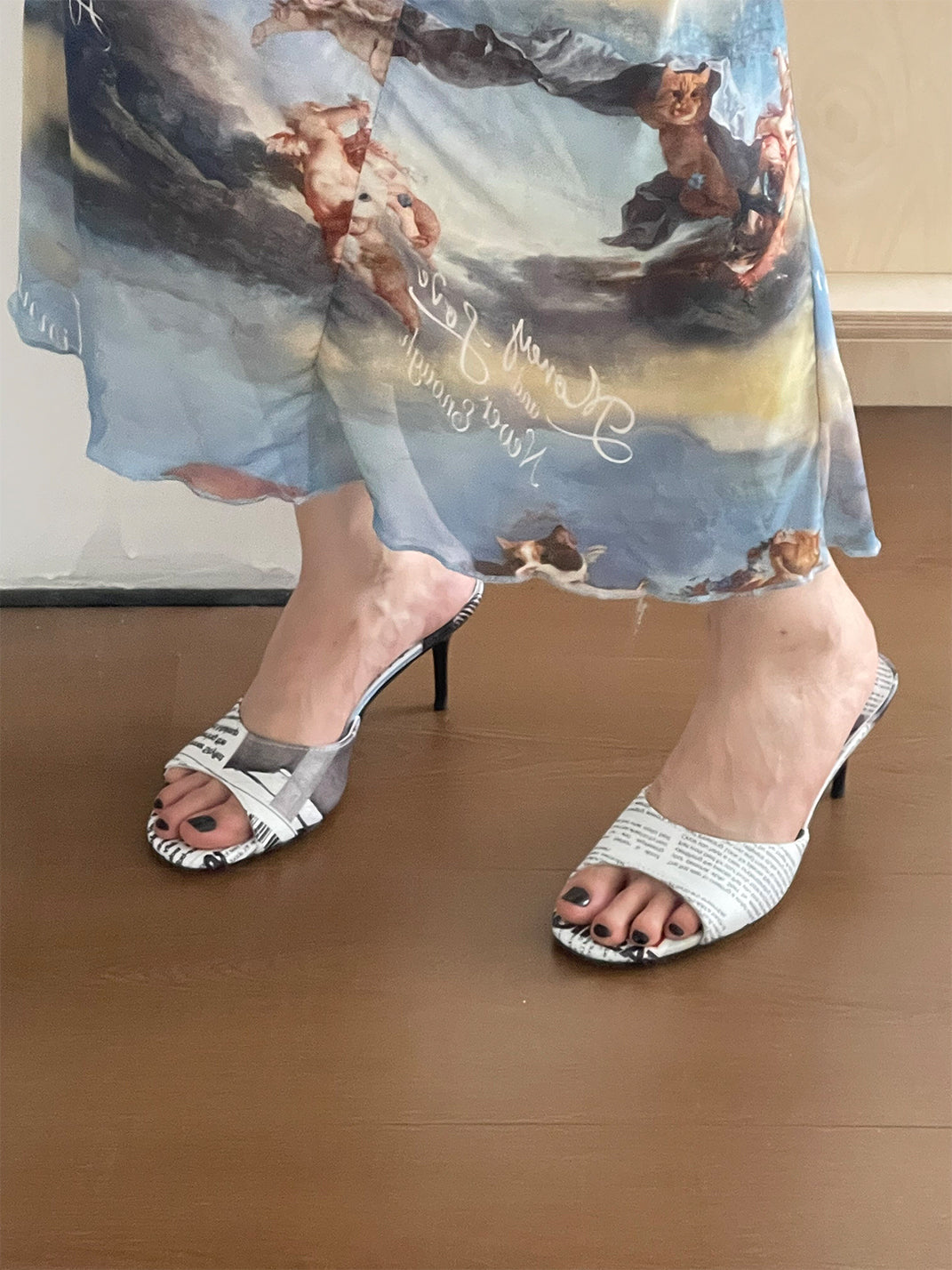 Newspaper-Print Bow Heels and Flats - View 7