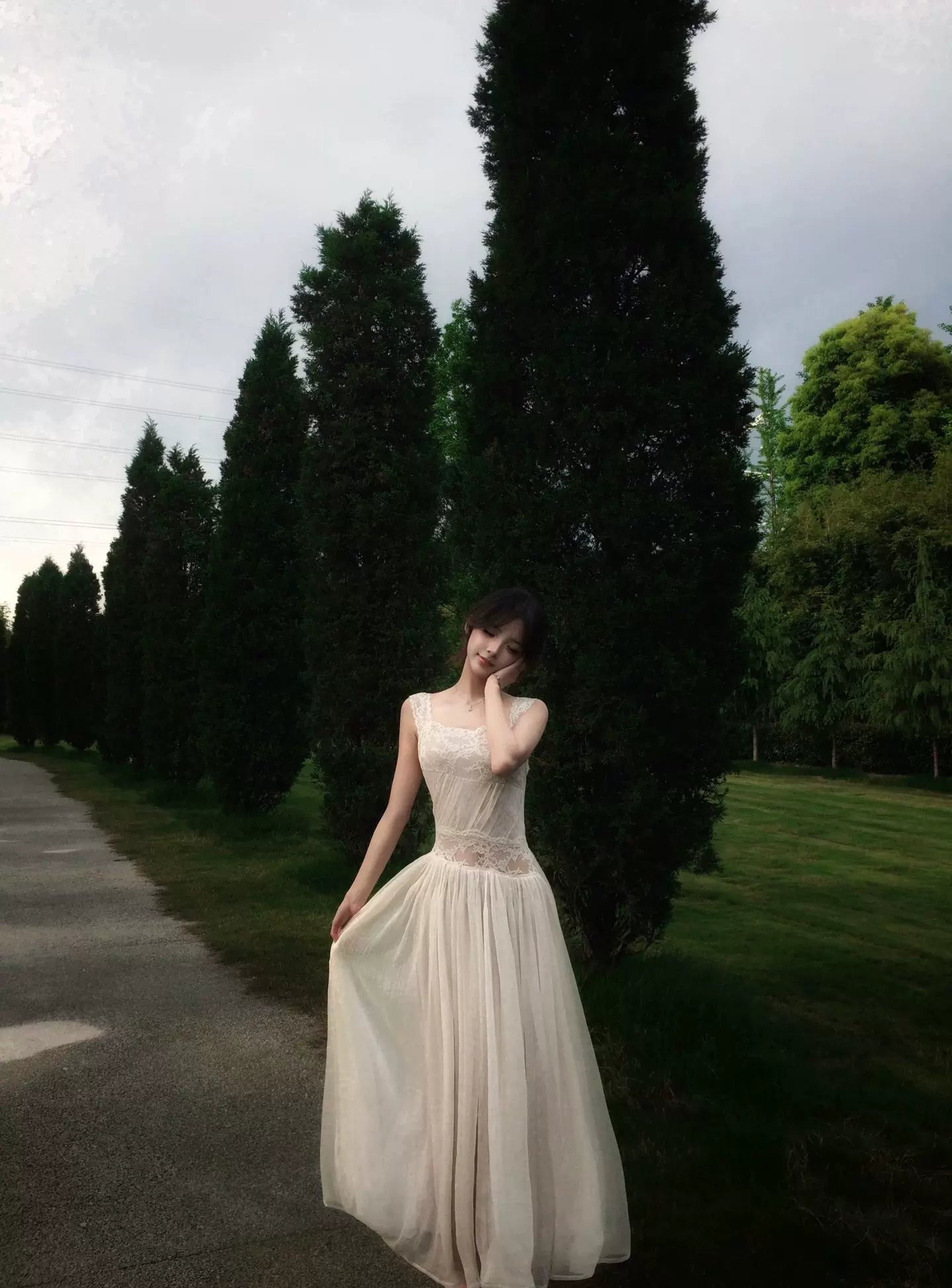 Ivory lace maxi dress, full-length front view