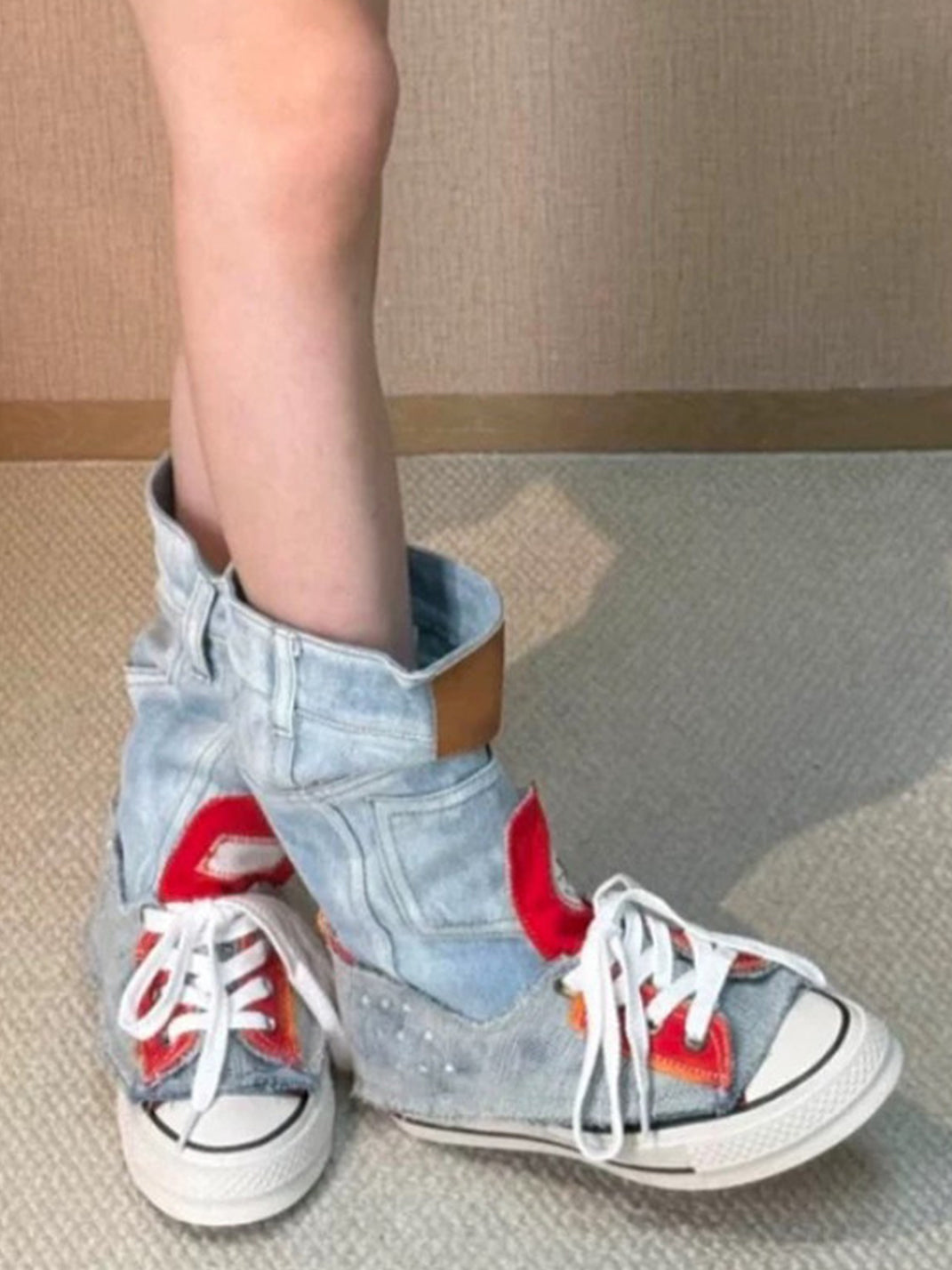 Denim Fold-Cuff High-Top Platform Sneakers - View 4