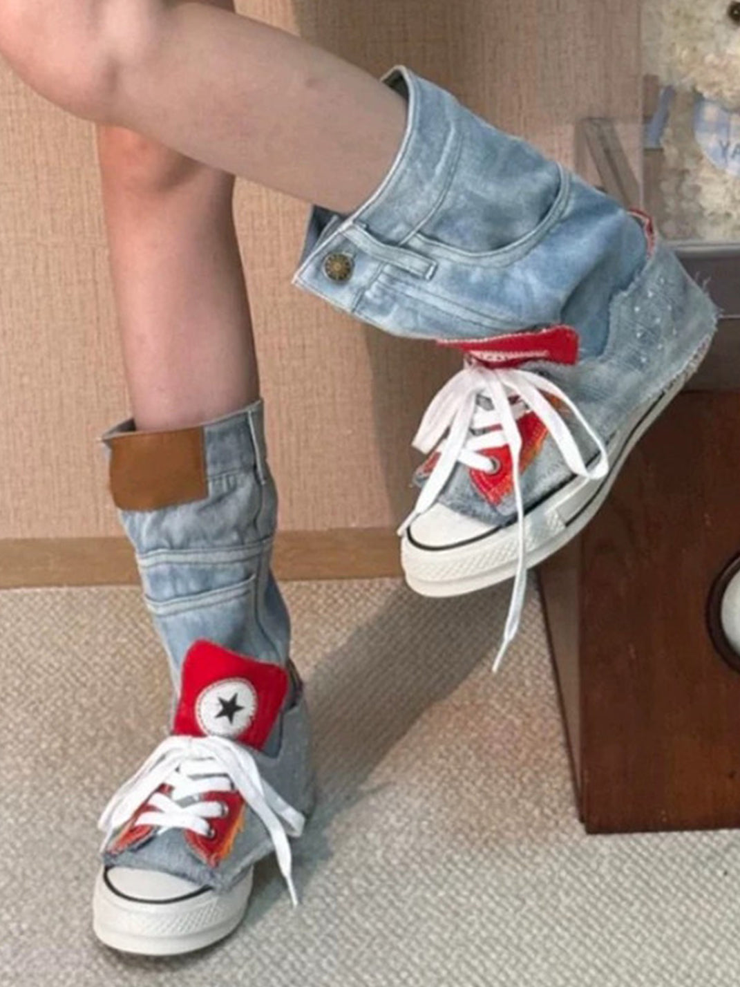 Denim Fold-Cuff High-Top Platform Sneakers - View 5