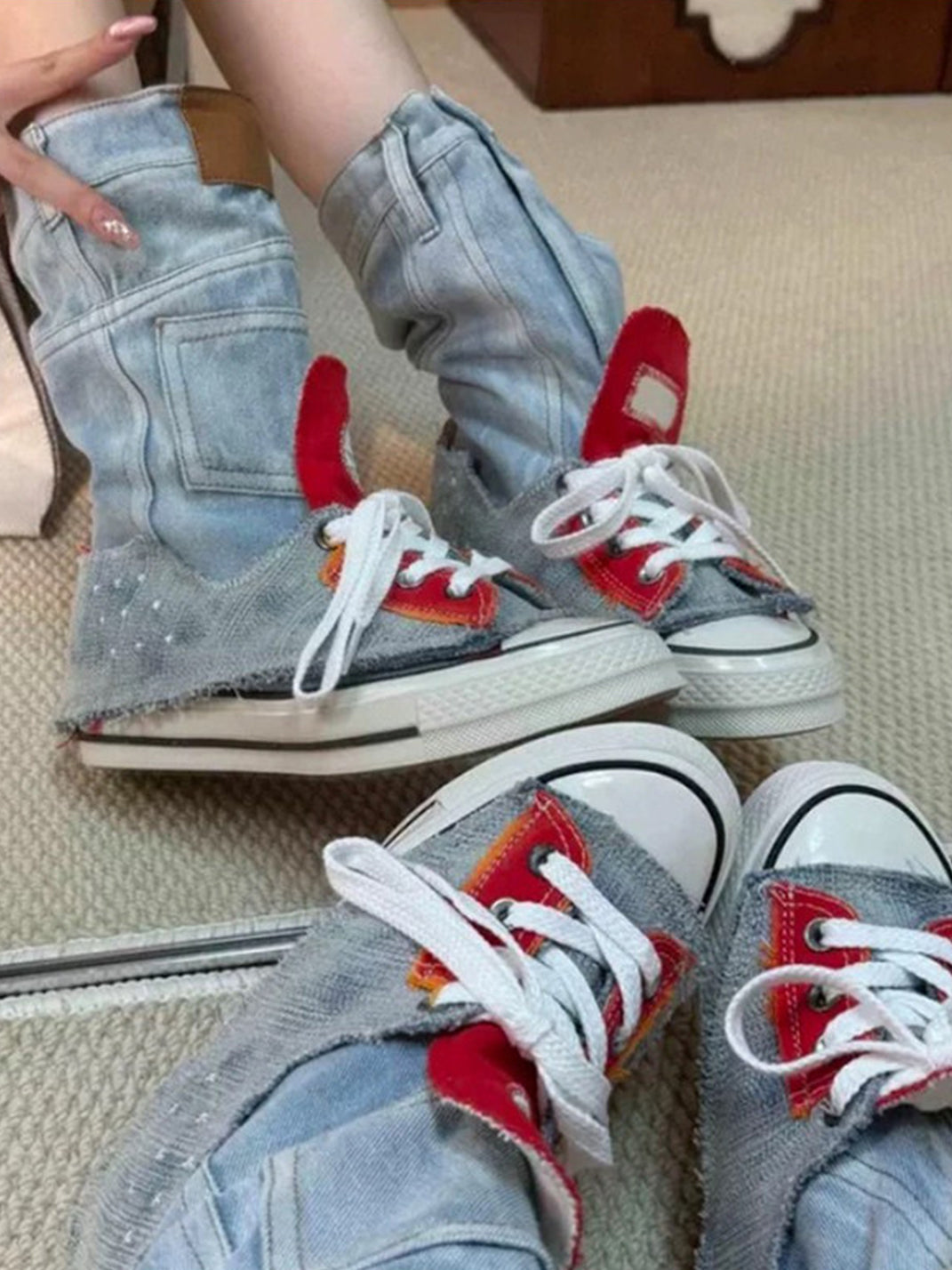 Denim Fold-Cuff High-Top Platform Sneakers - View 6