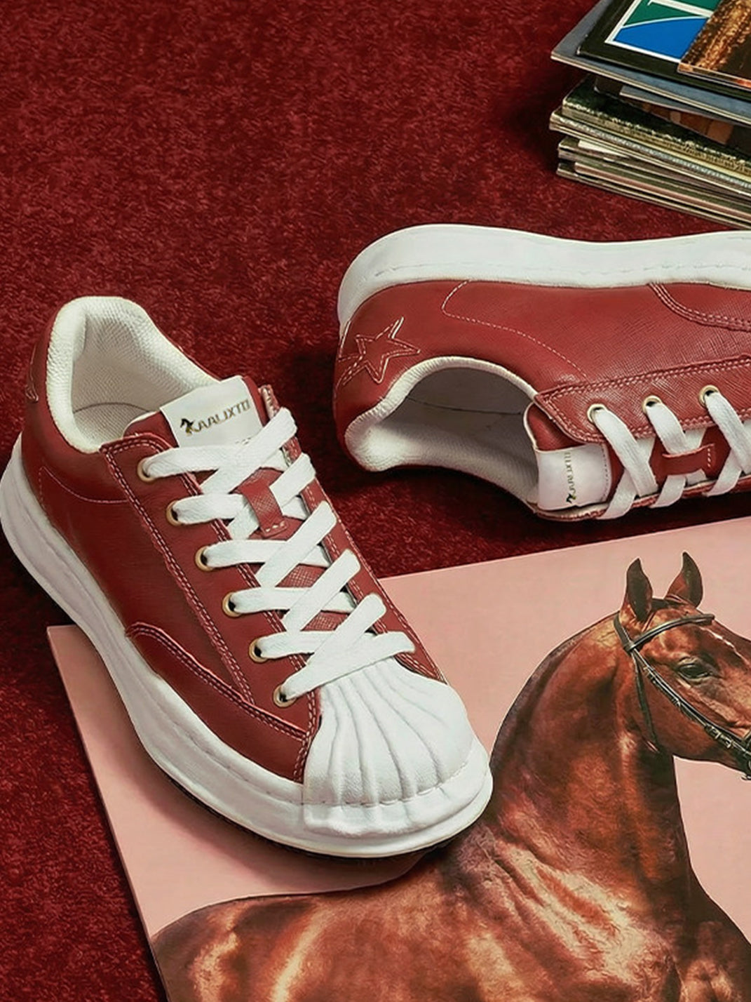 Crimson Leather Molded-Toe Court Sneakers - View 14