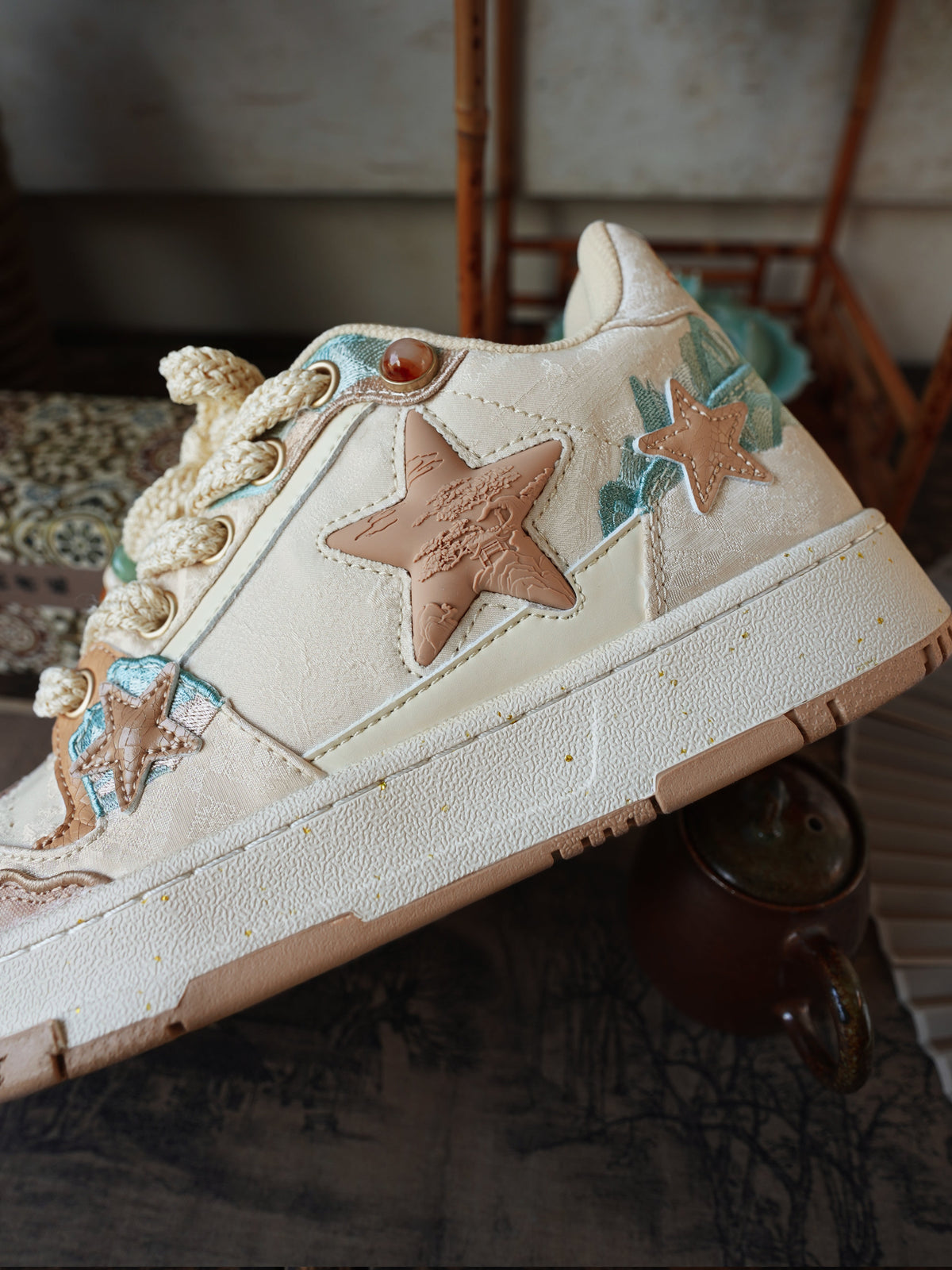 Jacquard Star-Panel Retro Court Sneakers - View 14