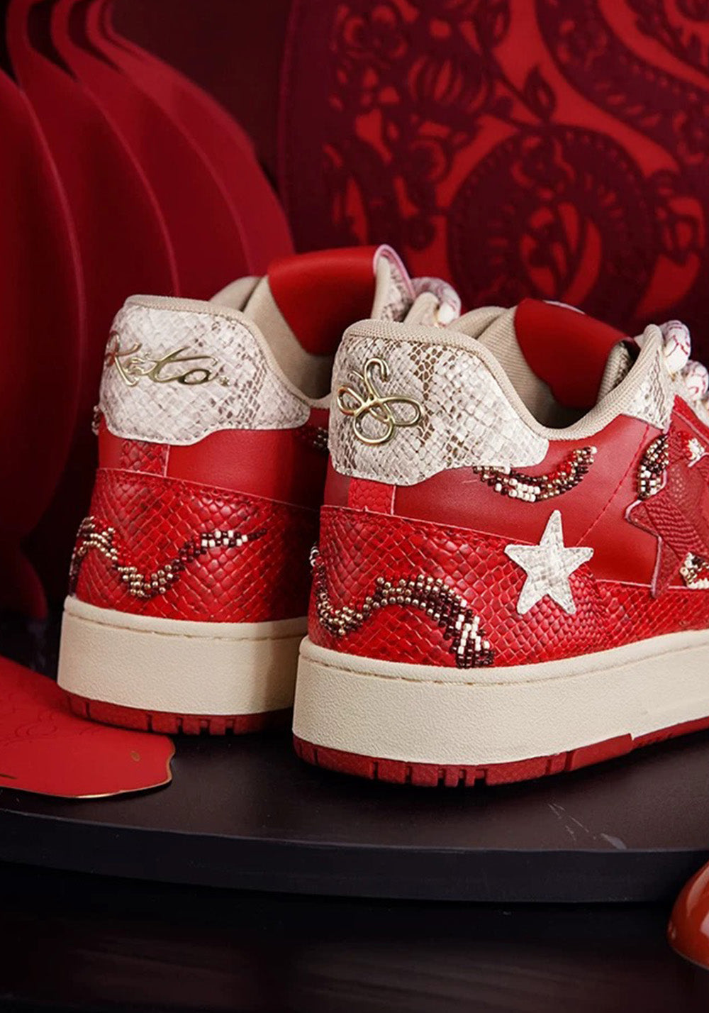 Snake-Embossed Red Star Court Sneakers - View 9