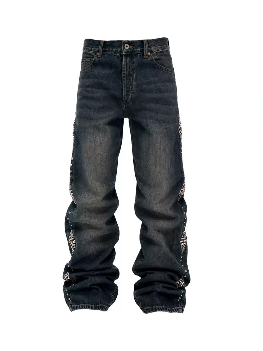 Beaded Side-Trim Washed Straight-Leg Jeans
