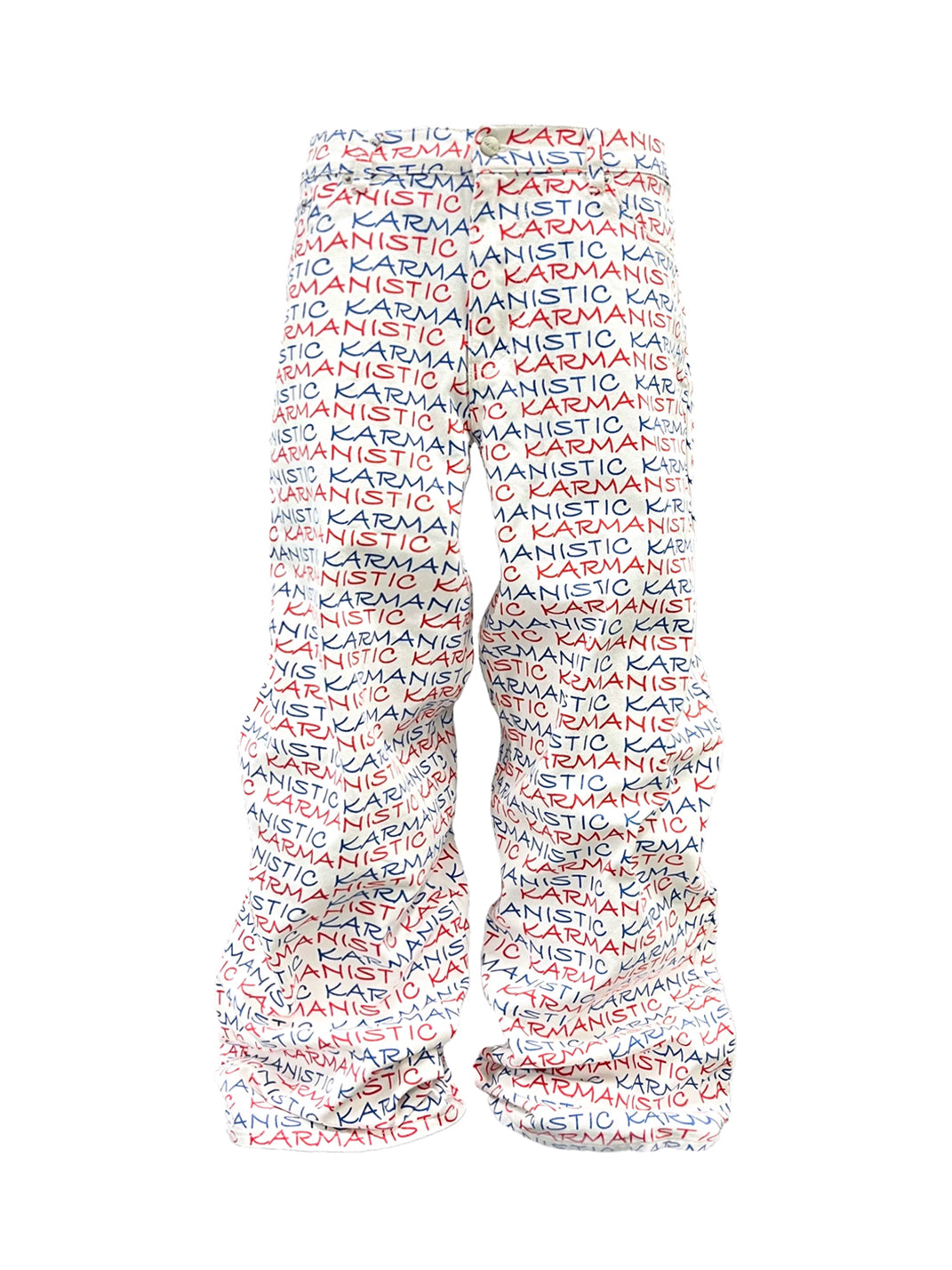 Allover-Text Stacked Wide-Leg Jeans