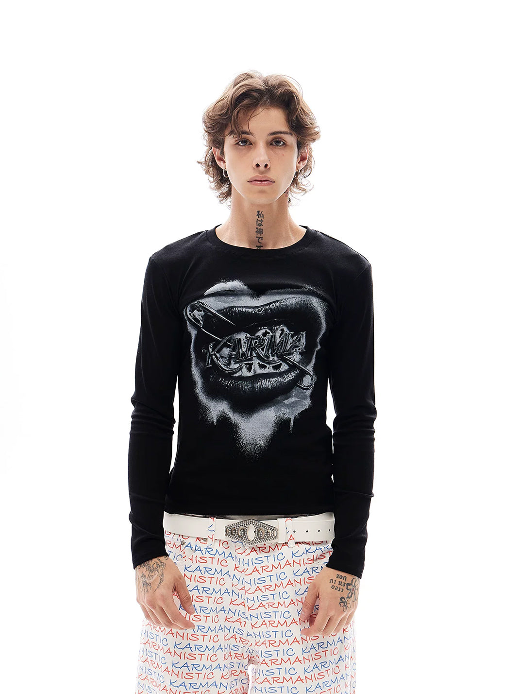 Safety-Pin Lips Slim Long-Sleeve Tee - View 2