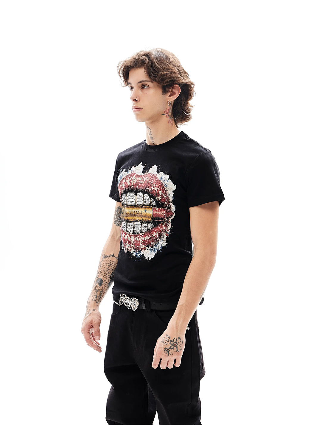 Rhinestone Lip Graphic Cotton T-Shirt - View 2