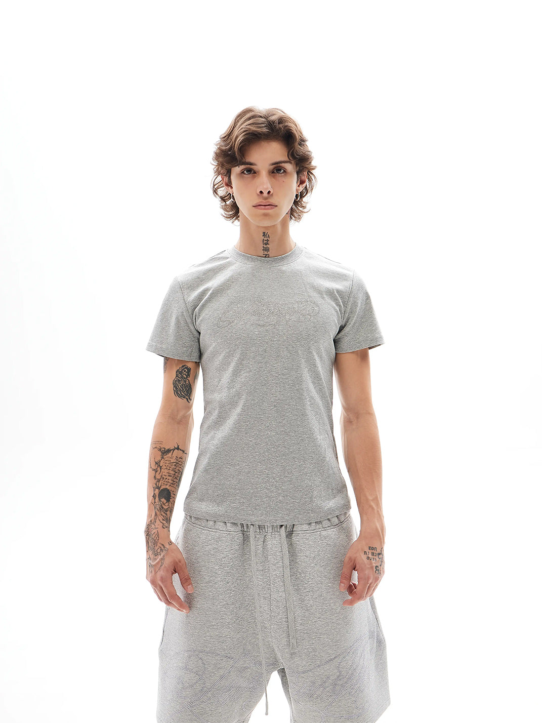 Rhinestone Script Slim-Fit Cotton T-Shirt - View 7