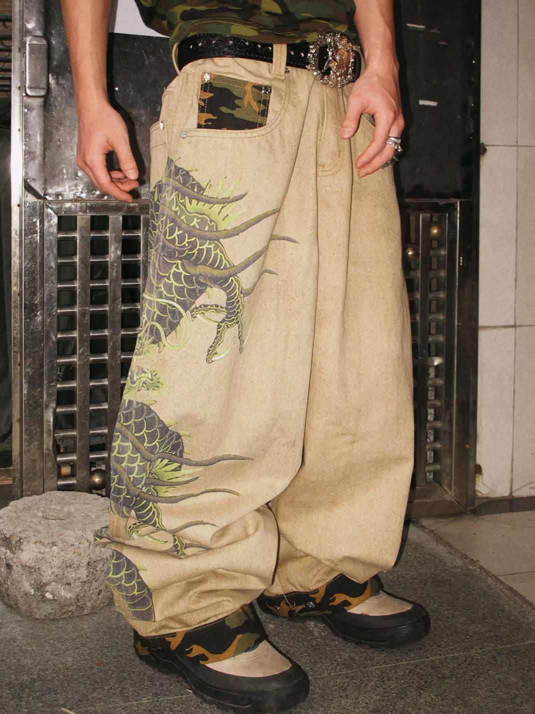 Khaki Dragon Print Straight-Leg Jeans — product view 4