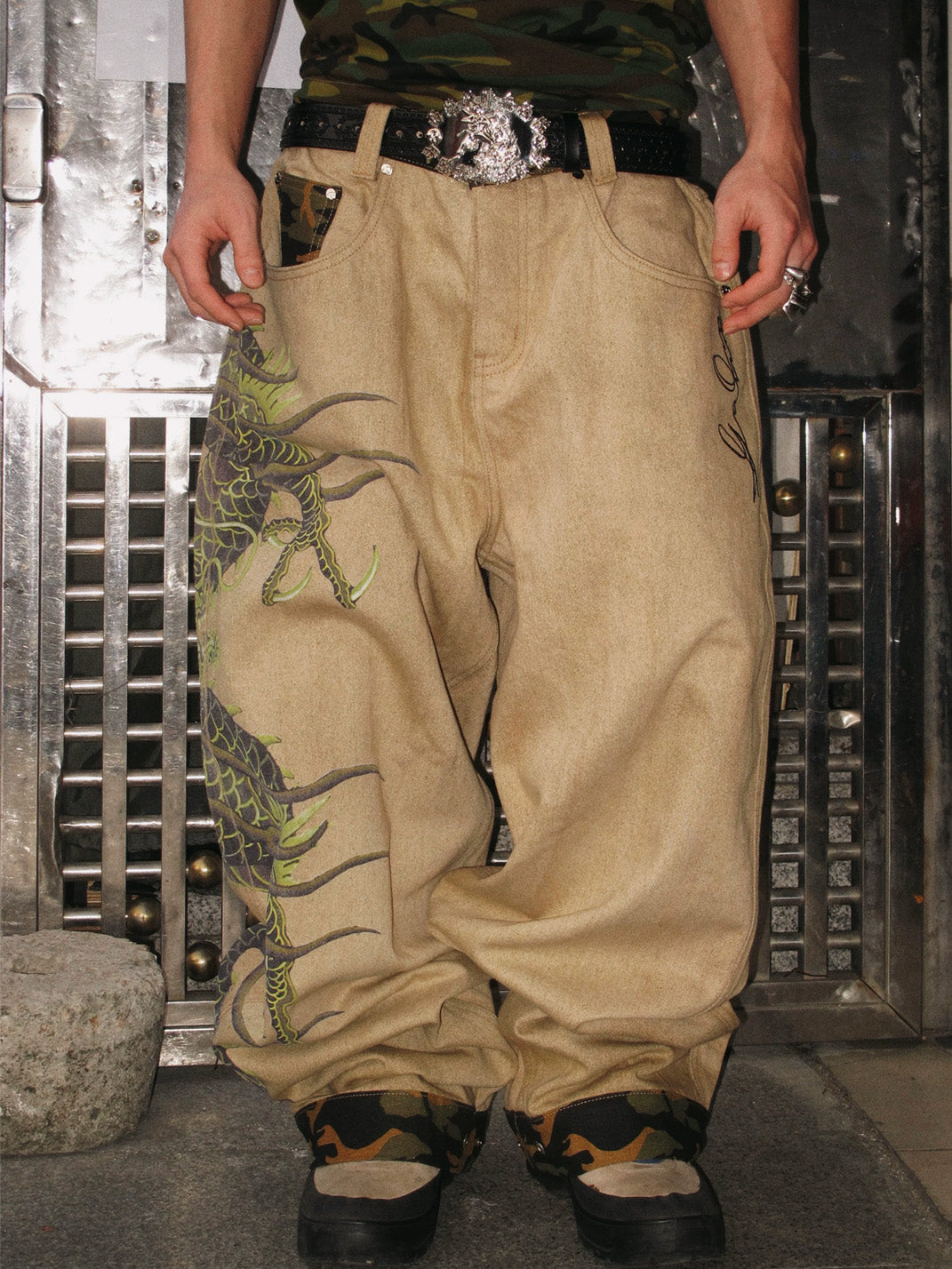 Khaki Dragon Print Straight-Leg Jeans — product view 5