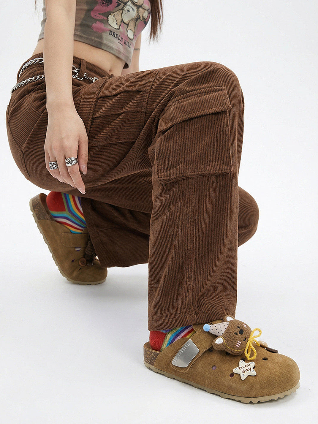 Charm-Embellished Perforated Brown Clogs - View 4