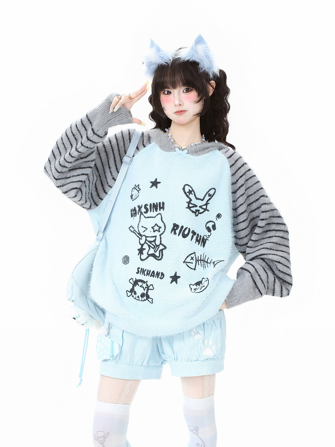 Fuzzy Cartoon Striped Hooded Knit Sweater