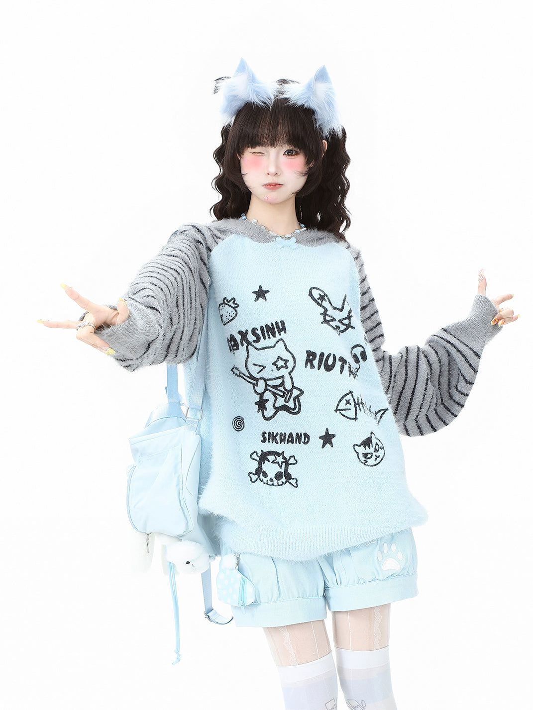 Fuzzy Cartoon Striped Hooded Knit Sweater - View 3
