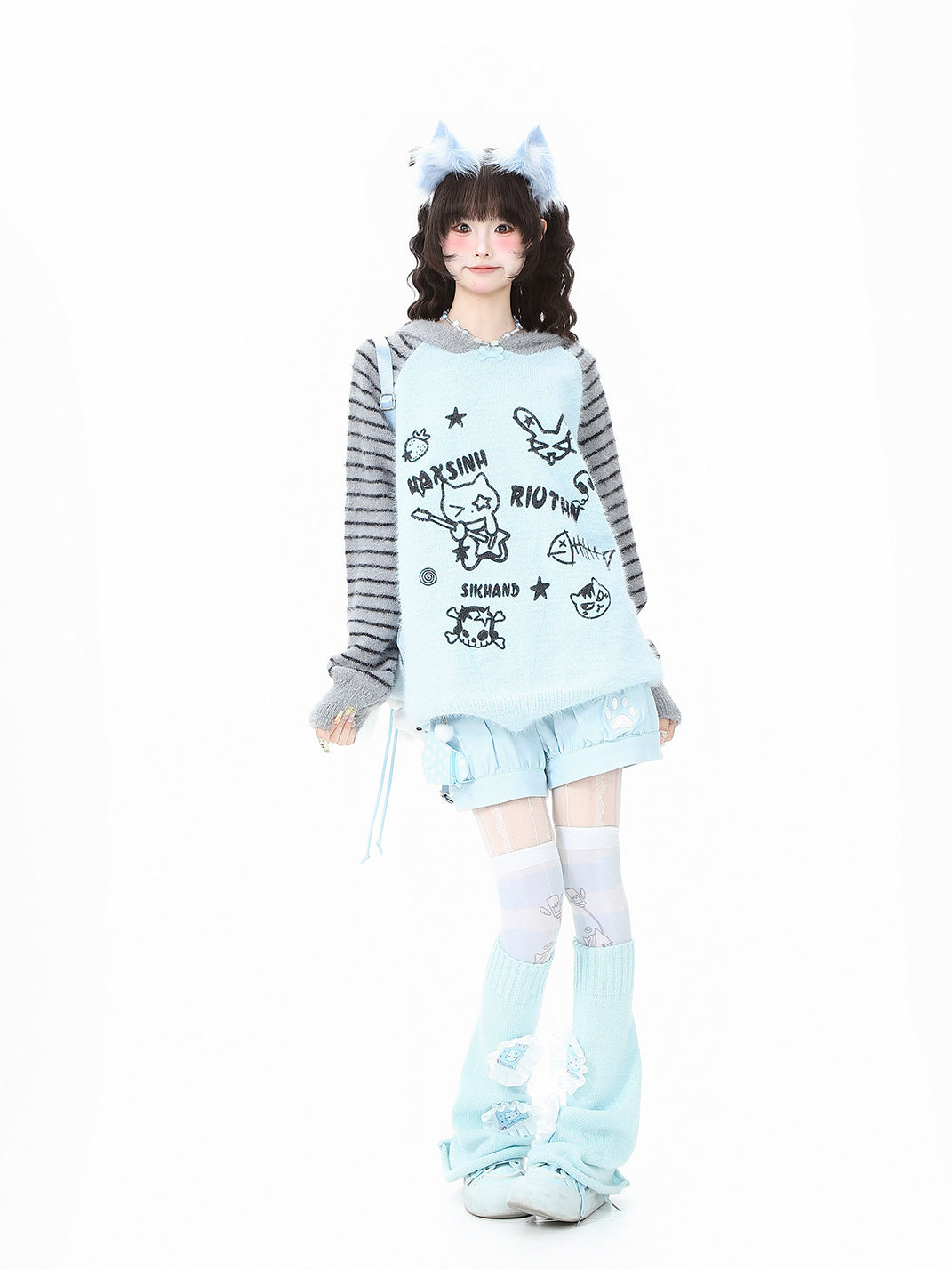 Fuzzy Cartoon Striped Hooded Knit Sweater - View 4