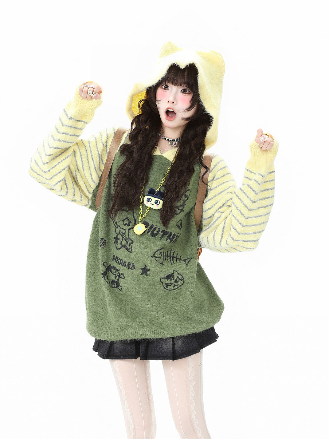 Fuzzy Cartoon Striped Hooded Knit Sweater - View 5