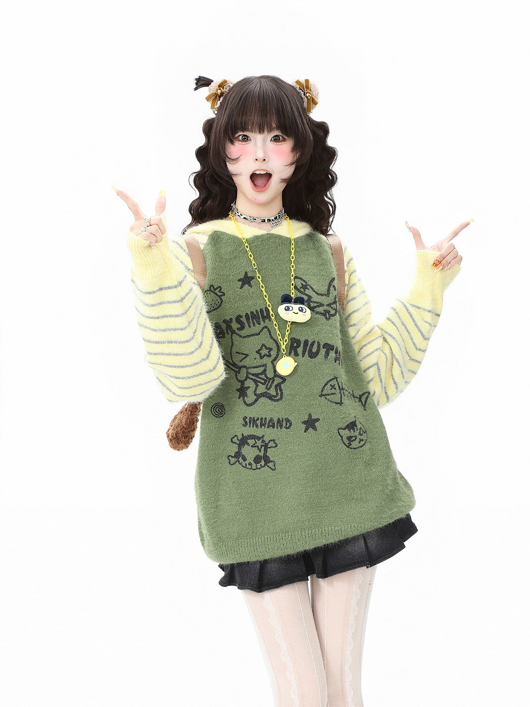 Fuzzy Cartoon Striped Hooded Knit Sweater - View 6