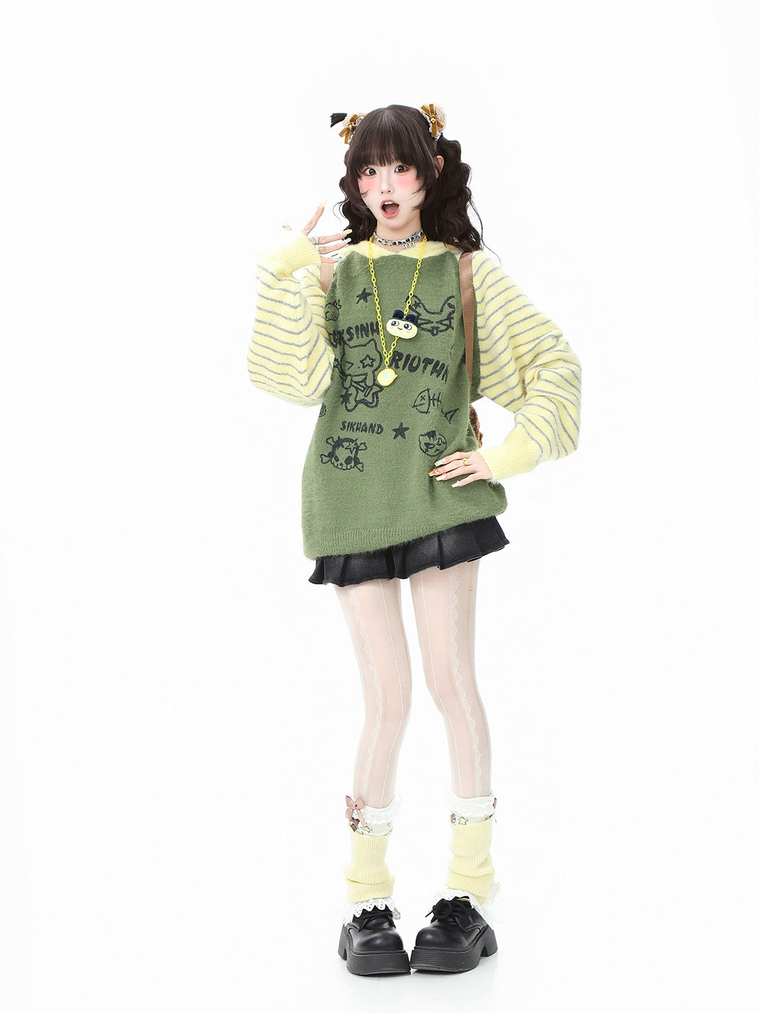 Fuzzy Cartoon Striped Hooded Knit Sweater - View 7
