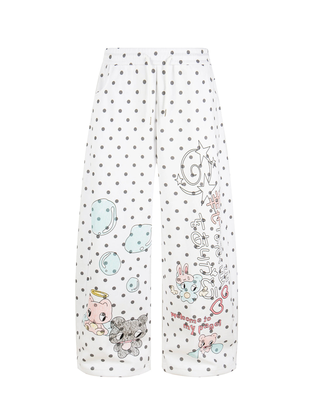 Polka-Dot Cartoon Wide-Leg Drawstring Pants