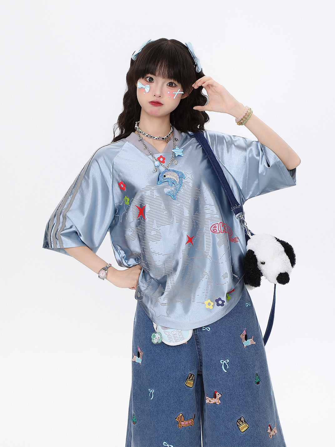 Star-Print Satin Short-Sleeve Top