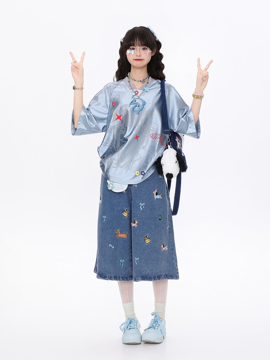 Star-Print Satin Short-Sleeve Top - View 3