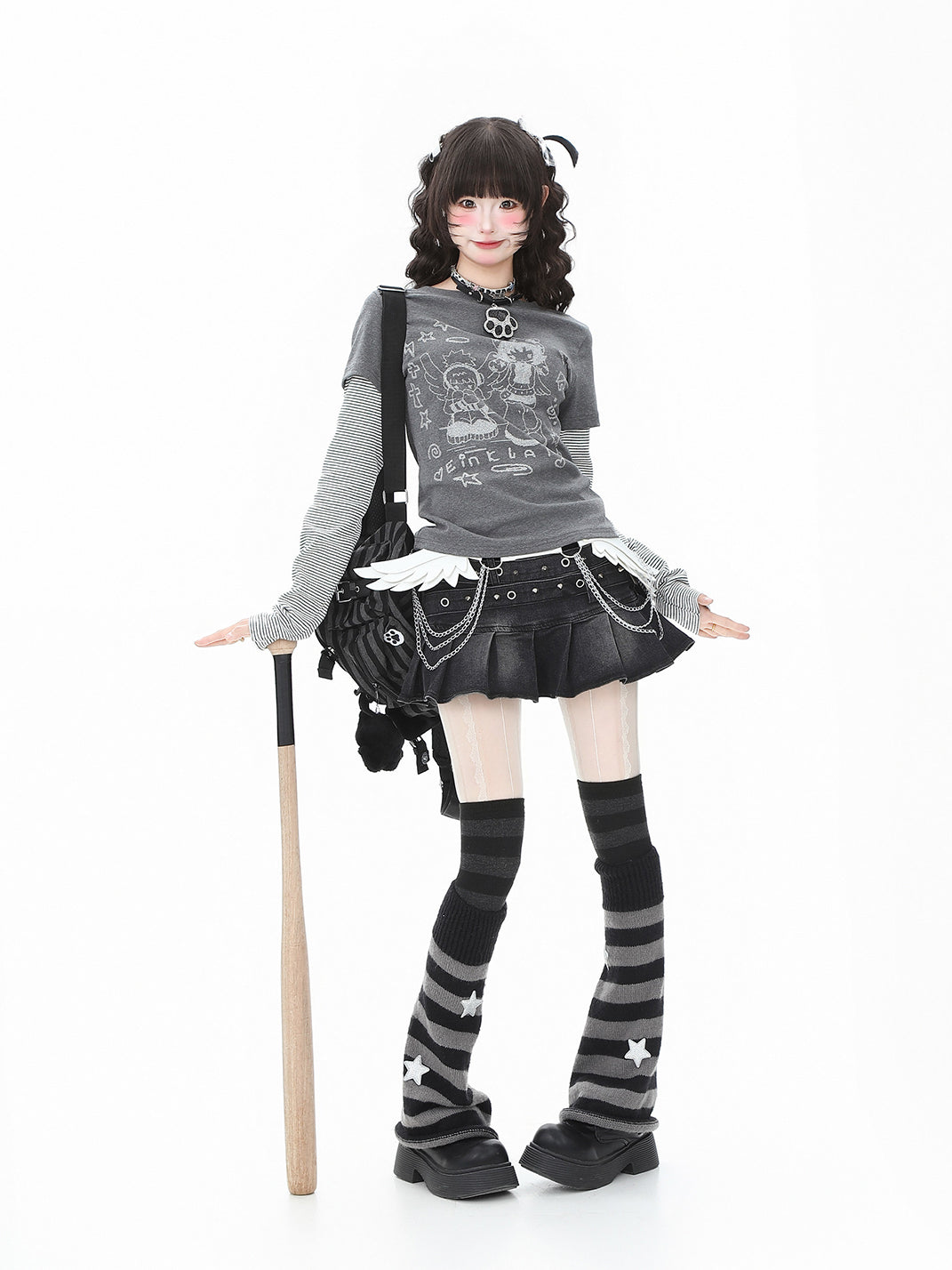 Angel-Graphic Layered-Stripe Long-Sleeve Tee - View 3