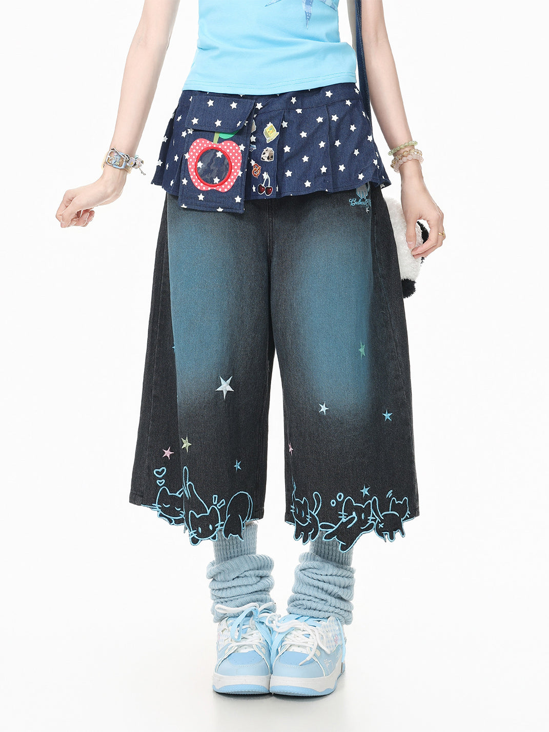 Star-Cat Embroidered Cropped Wide-Leg Jeans - View 2