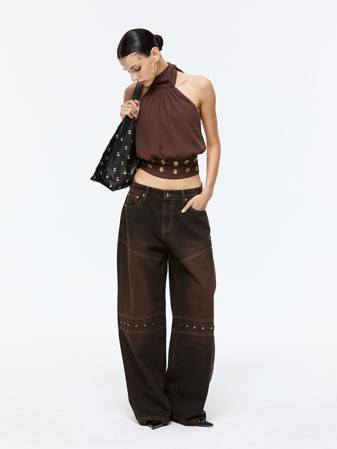 Brown Halter Off-Shoulder Tank Top - View 4