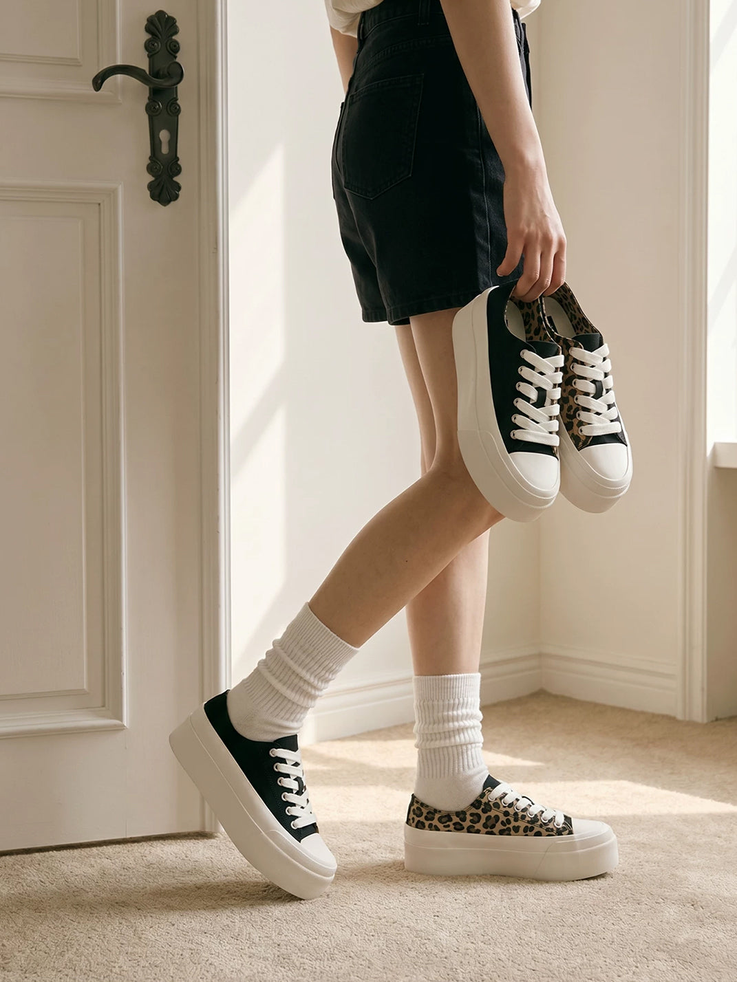Leopard-Panel Platform Canvas Sneakers - View 6