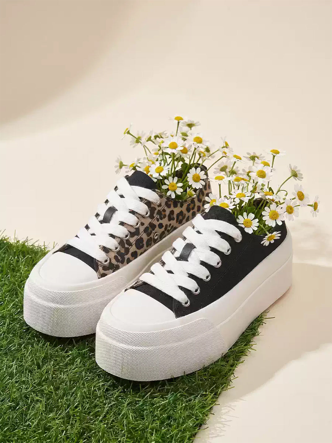 Leopard-Panel Platform Canvas Sneakers - View 10