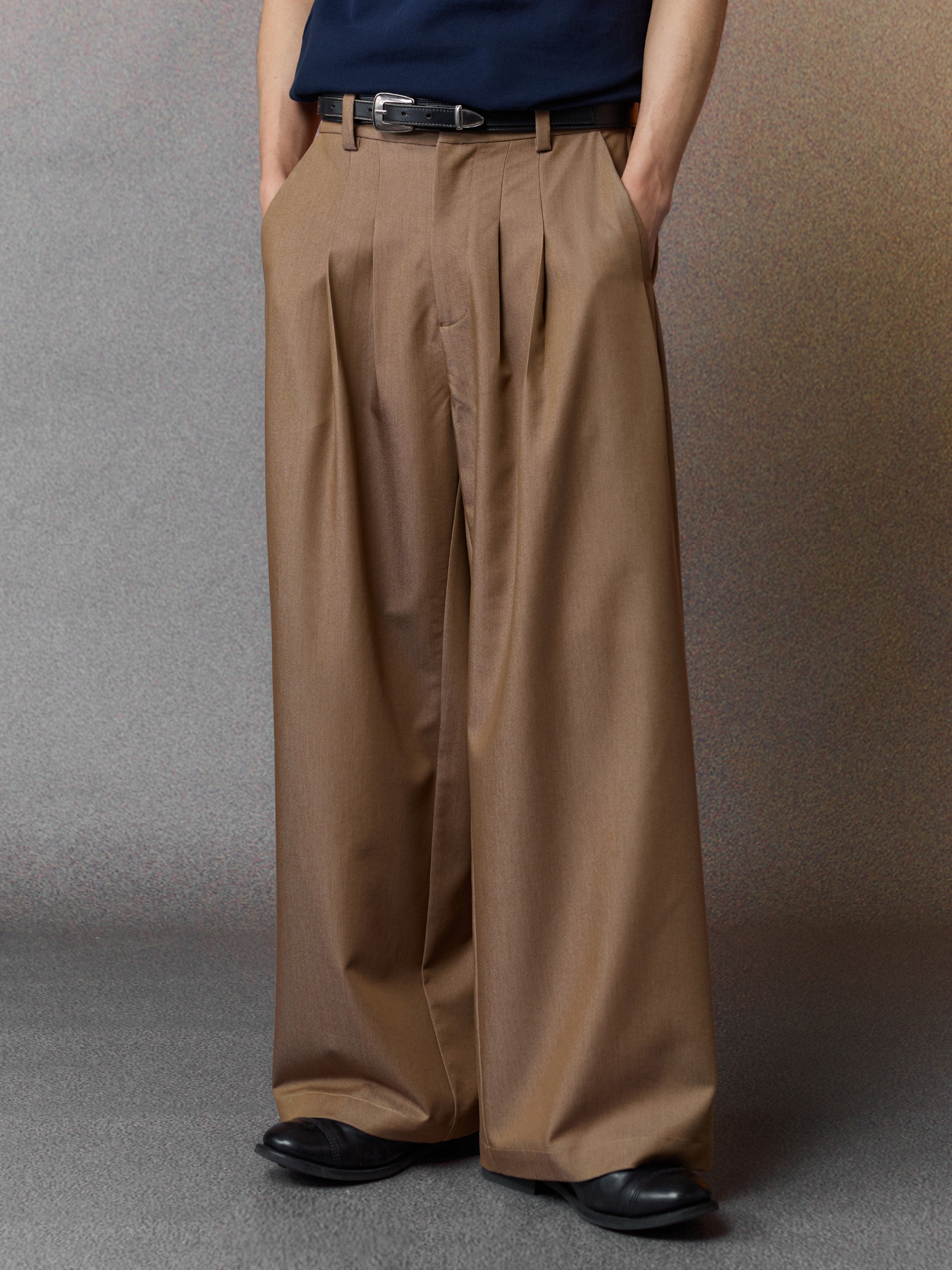 Golden yellow pleated wide-leg trousers