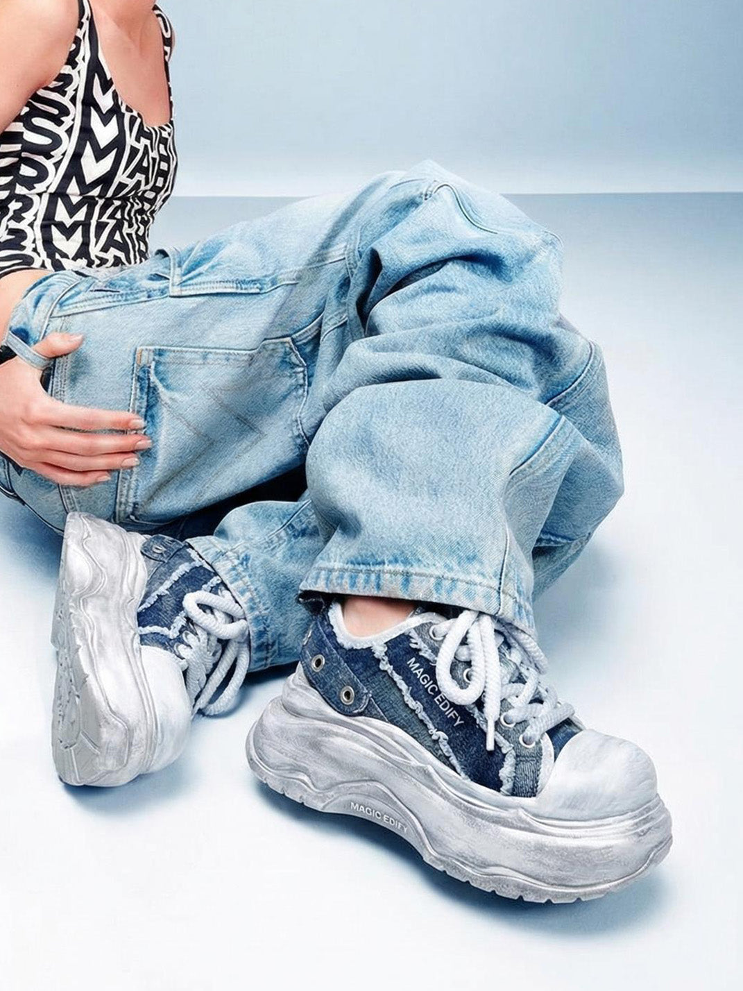 Distressed Denim Platform Sneakers - View 3