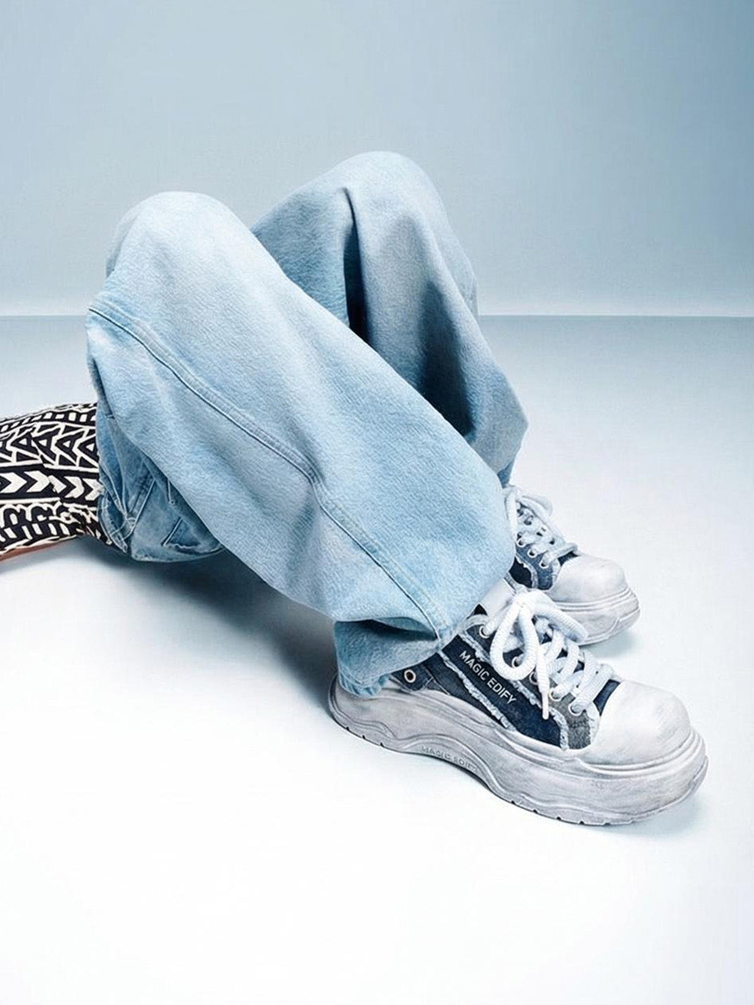 Distressed Denim Platform Sneakers - View 4