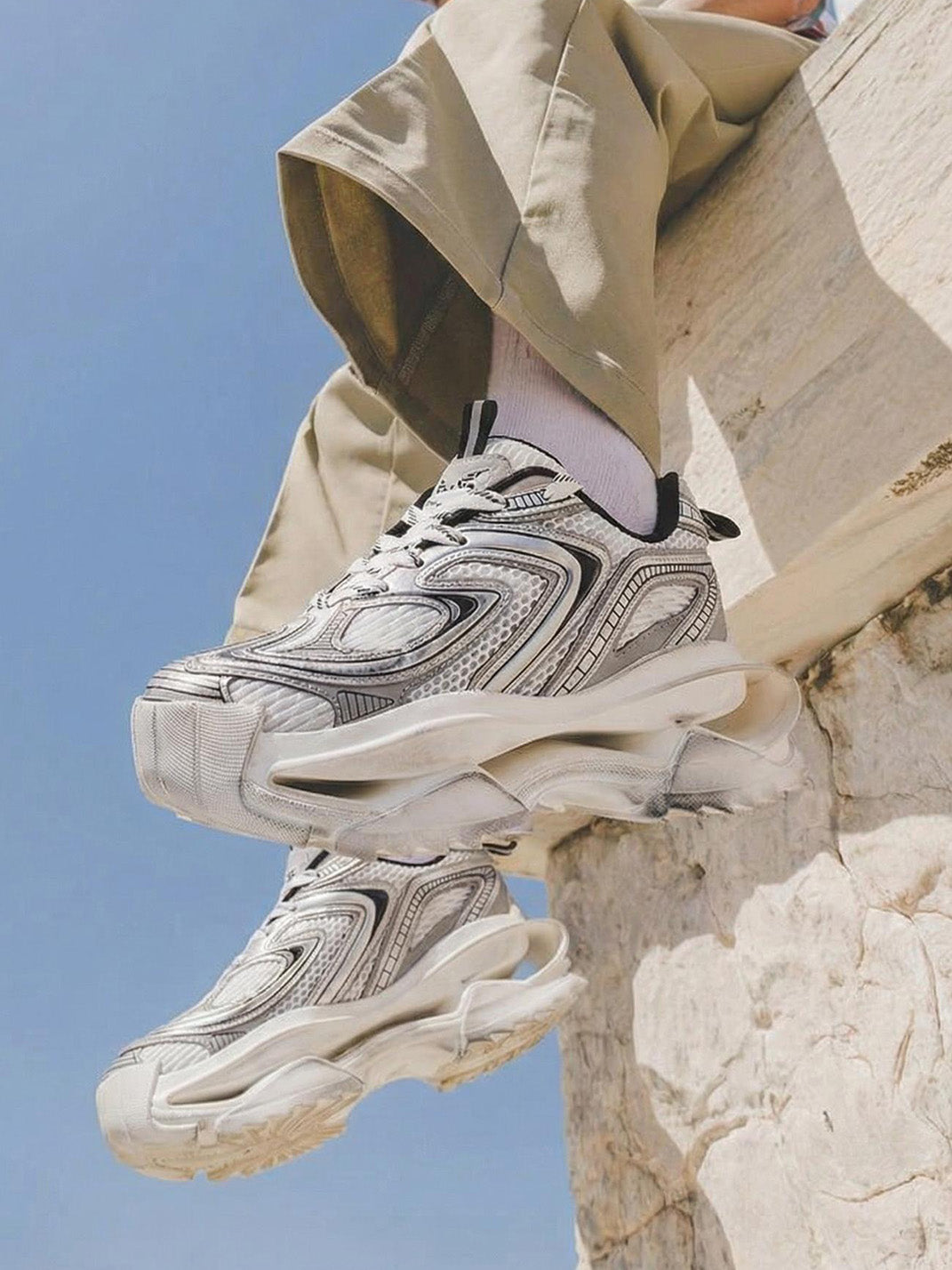 Distressed Silver Sculpted-Sole Dad Sneakers - View 4