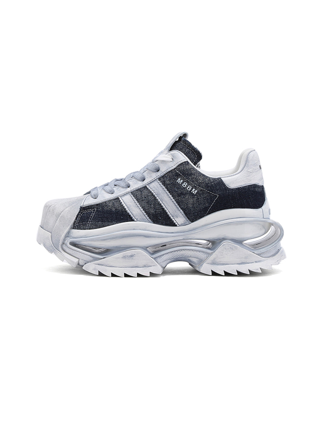 Washed Blue Leather Platform Court Sneakers