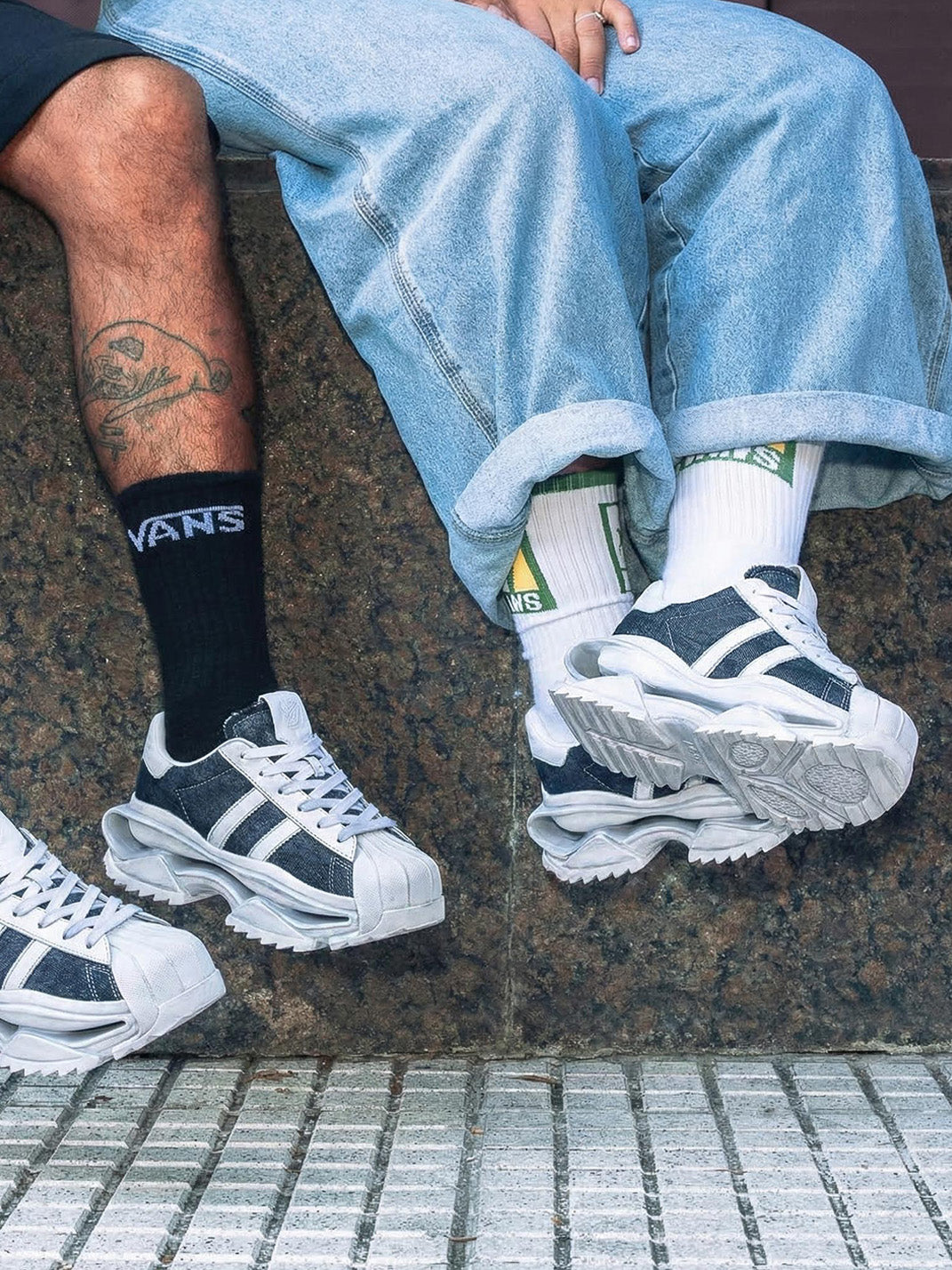 Washed Blue Leather Platform Court Sneakers - View 3