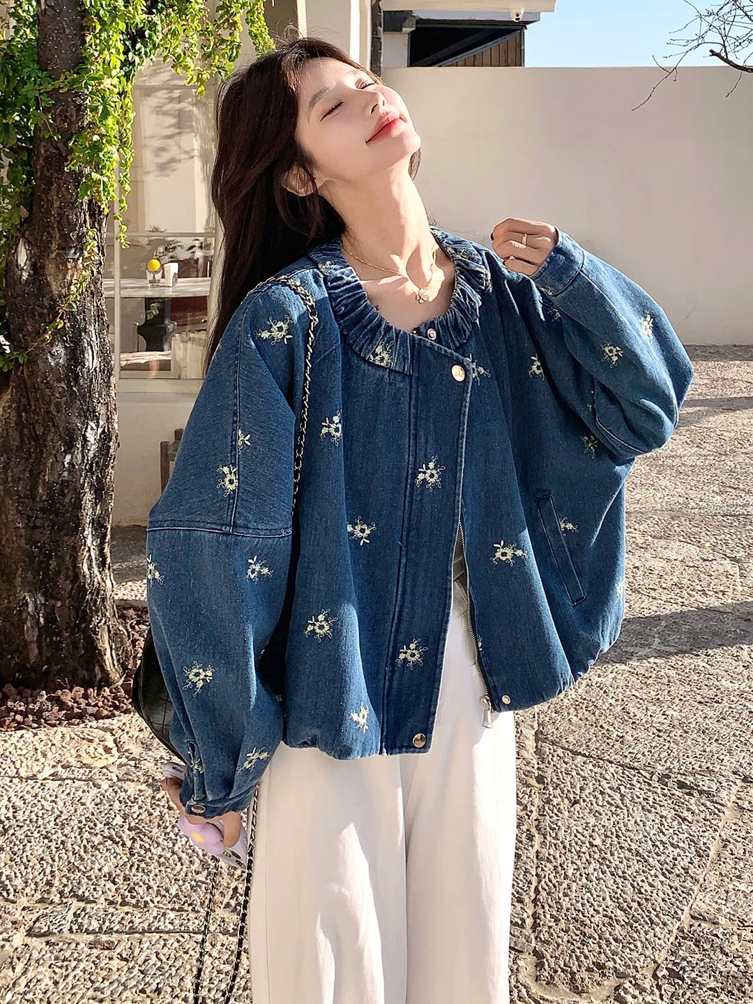 Embroidered Balloon-Sleeve Denim Jacket product view 1