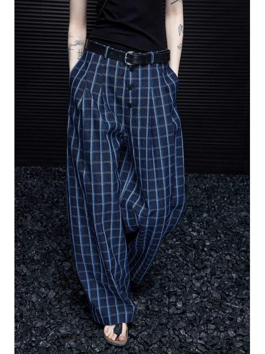 Blue Plaid Wide-Leg Trousers product view 1