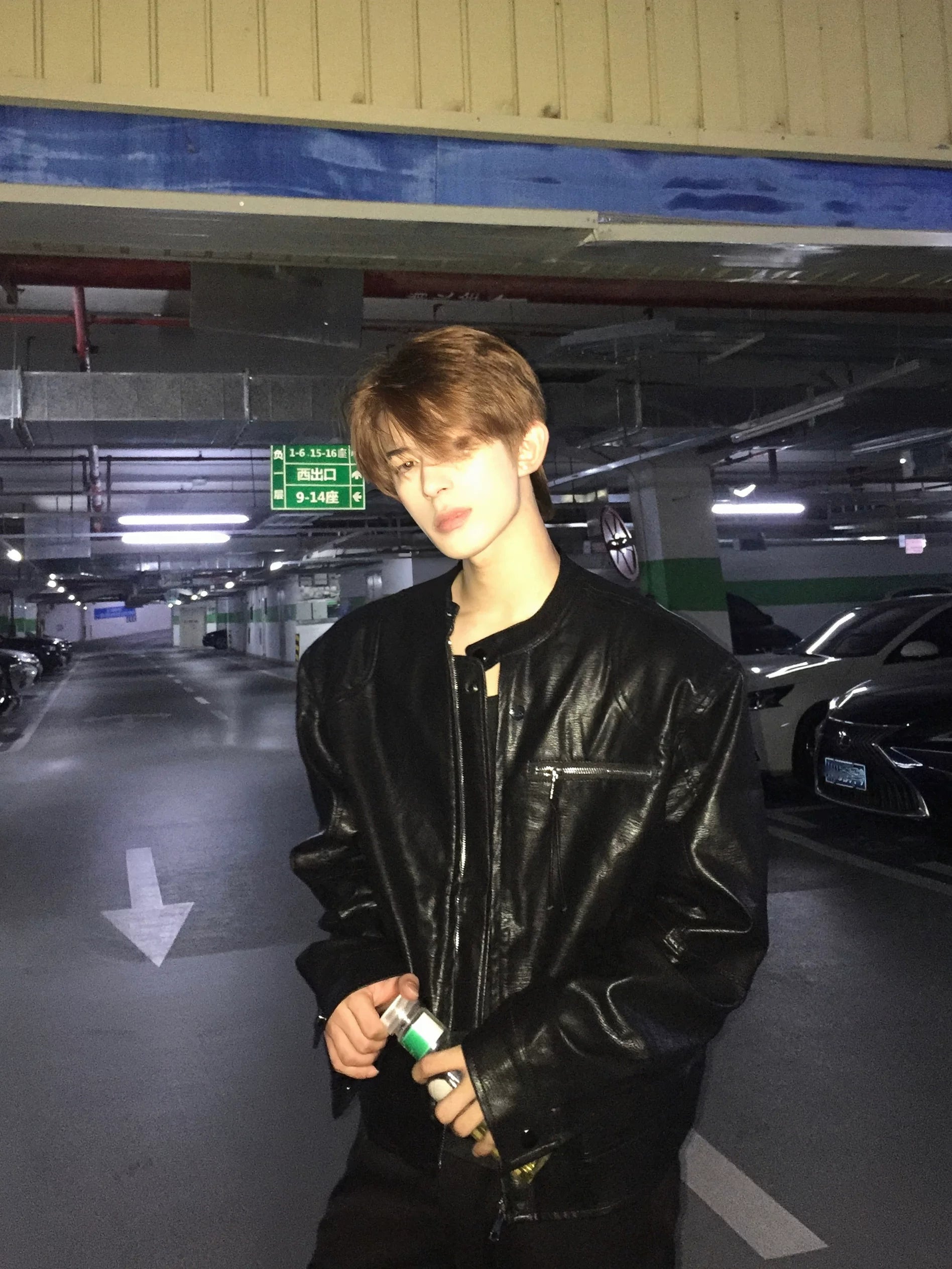 Padded-Shoulder Faux-Leather Jacket product view 1