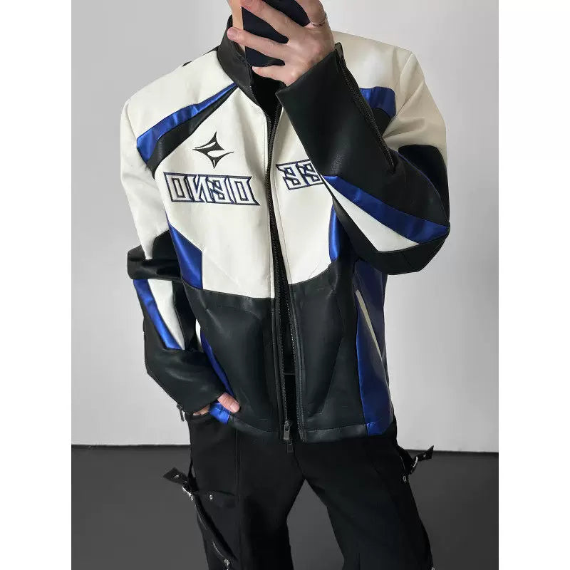 Color-Block Embroidered Moto Jacket product view 1