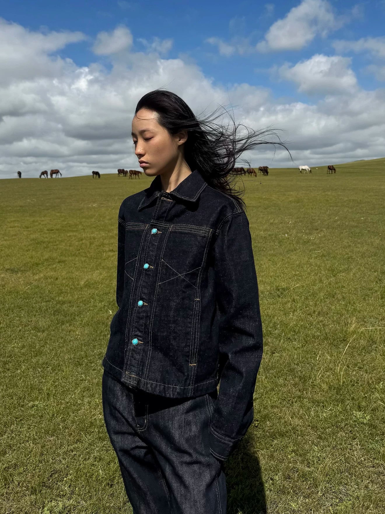 Turquoise-Button Denim Jacket product view 1