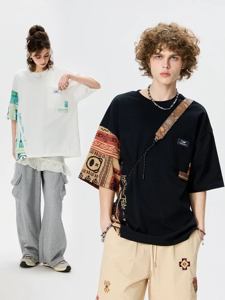 Ethnic Panel Oversized Cotton T-Shirt Black and White styled front view