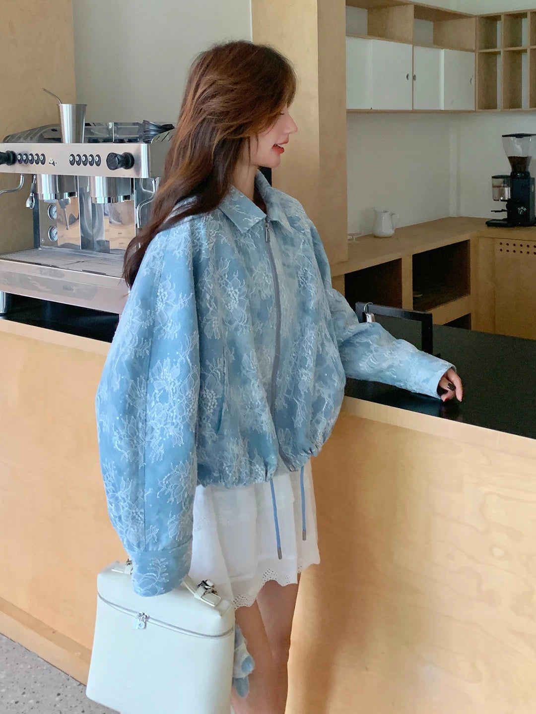 Lace-Panel Blue Denim Jacket product view 1