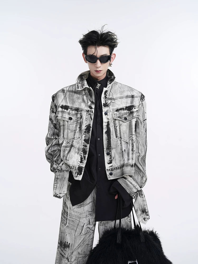 Convertible-Sleeve Graphic Denim Jacket product view 1