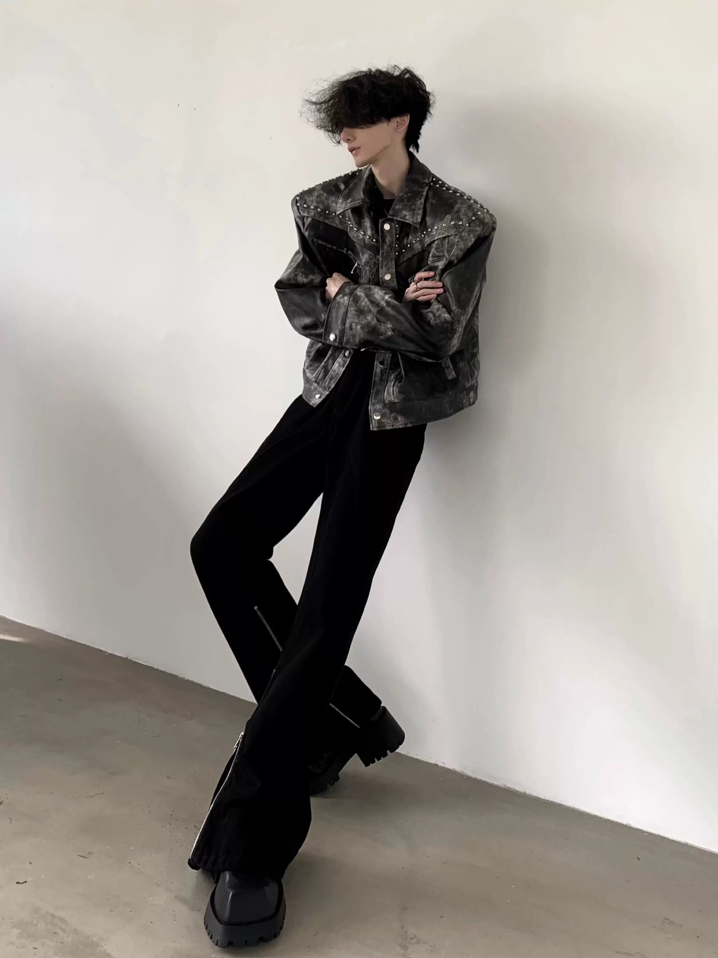 Studded Acid-Wash Moto Jacket product view 1