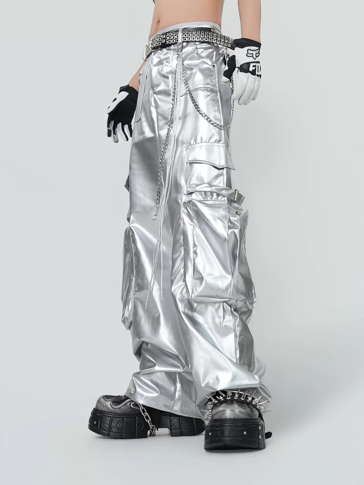 Silver Coated Wide-Leg Cargo Pants product view 2