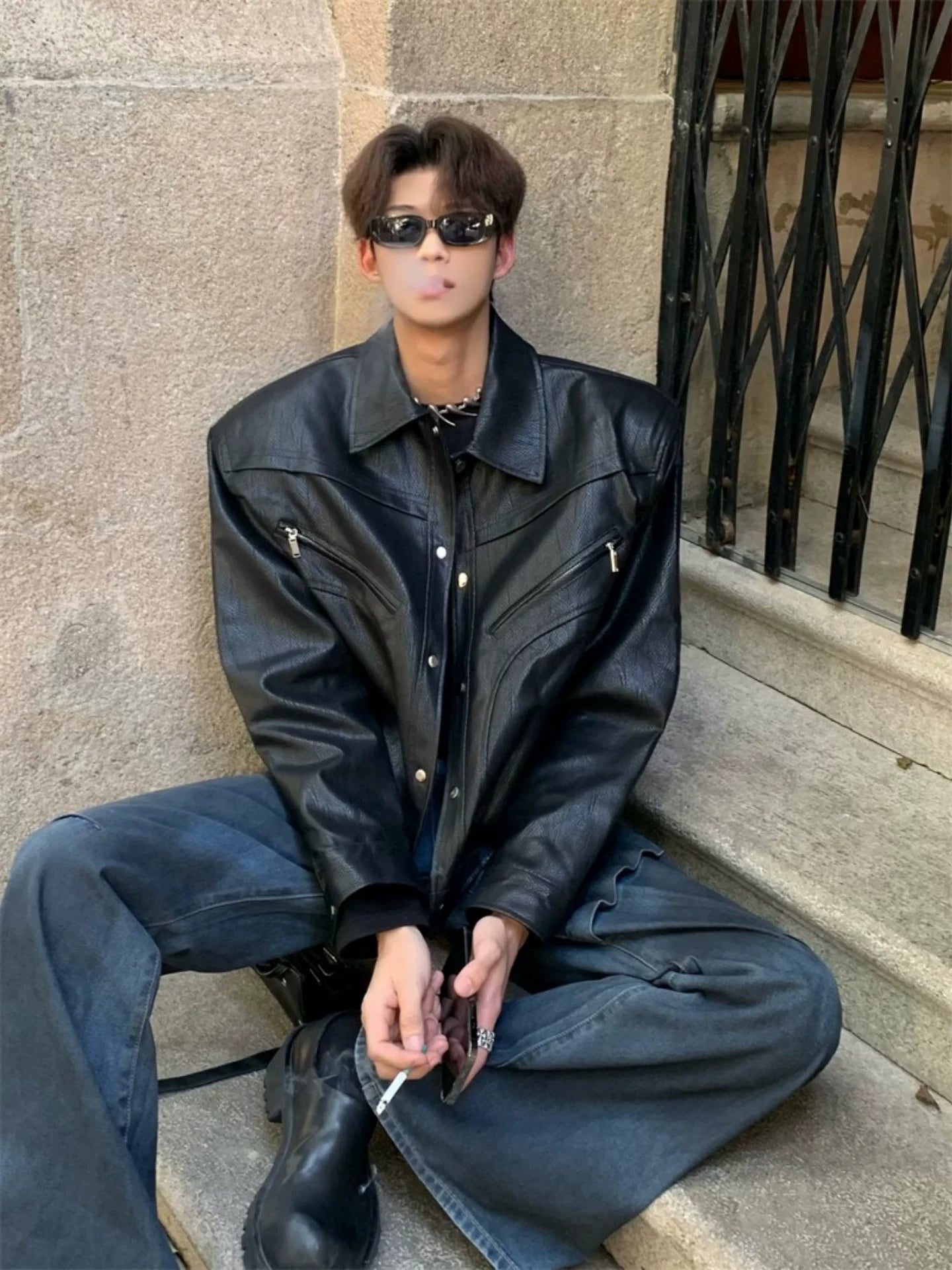 Deconstructed Faux-Leather Moto Jacket product view 2